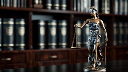 Justice statue in library setting, holding scales of justice (1)