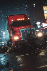 Nightfall Cityscape: Red Truck in the Rain