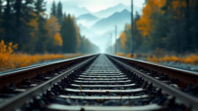 Scenic railway tracks stretching through autumn forest towards misty mountain peaks.. 4K Video
