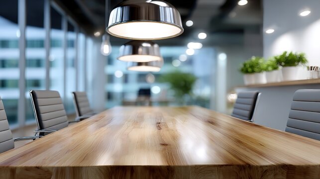 Modern minimalist office meeting table with warm wooden tones, conveying professionalism and simplicity in workspace design.
