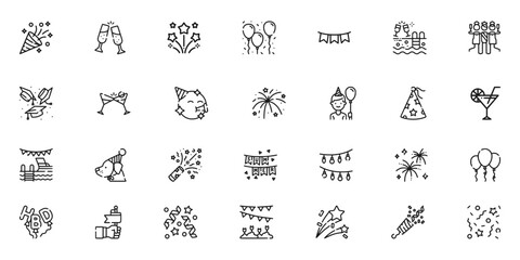 Party, celebration and event planning editable stroke outline icons set isolated on white background flat vector illustration.