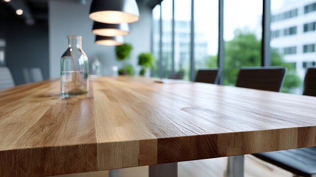 Modern minimalist office meeting table with warm wooden tones, conveying professionalism and simplicity in workspace design.
