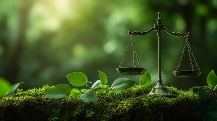 Scales of justice and green leaves on a forest background. Eco-friendly. Environment law and sustainable development. Global environment. Sustainable environment protection. Green environment. Health