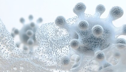 An artistic microscopic representation of viral or cellular structures is visible