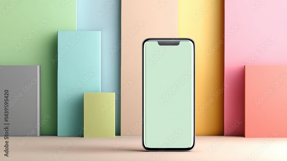 Aufkleber clean mockup of blank smartphone screen in front of pastel geometric blocks on a soft surface