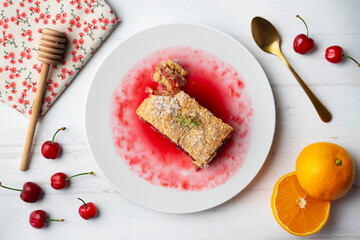 Delicious homemade raspberry crumble tart. Top view table.