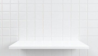 Fototapeta premium Clean White Shelf Against a Modern White Tile Wall Background Perfect for Product Display or Mockups