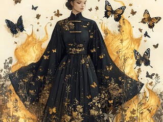 Fototapeta premium A woman in a flowing, ornate gown amidst flames and butterflies.