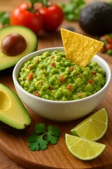 A vibrant close-up shot of a fresh and creamy bowl of guacamole, surrounded by slices of ripe avocado, a sprig of cilantro, and a few lime wedges.