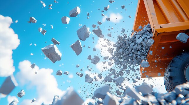 Rocks fall from dumper against blue sky with fluffy clouds