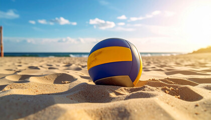 A volleyball game ready to take place on the beach with beautiful weather and sand