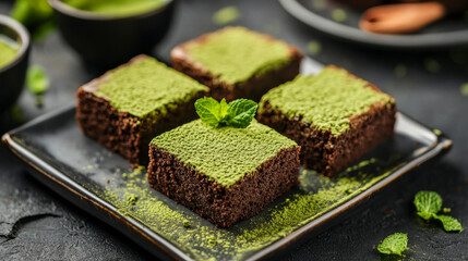 Delicious mint flavored brownies topped with vibrant green matcha powder create enticing dessert. rich chocolate base complements refreshing mint, making it delightful treat