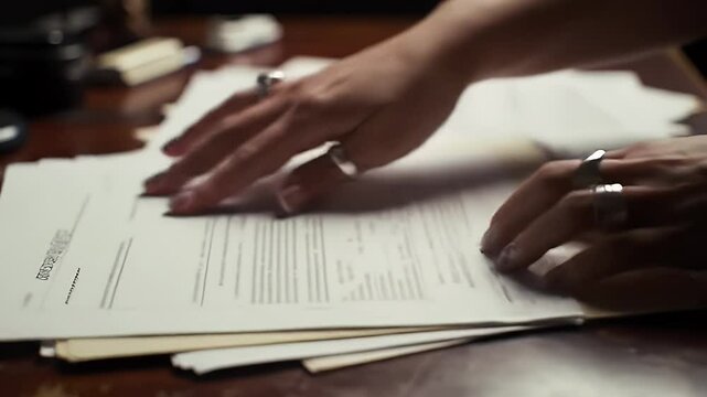 Hands Organize Scattered White Papers Neatly into Folders on a Dark Wooden Desk in Zoomed-In View for Organization and Efficiency Representation at a Office