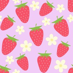 Strawberry pattern. Seamless repeat of fresh red berries and white flowers on lavender background. Cute, fruity design.