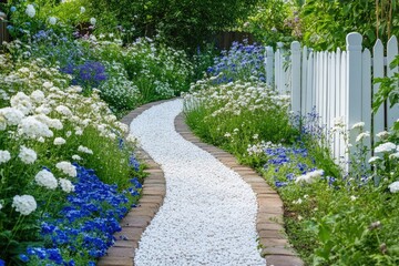 Winding garden path surrounded by colorful flowers