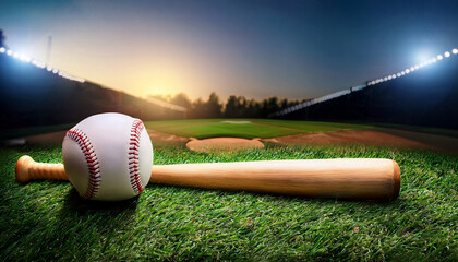 A baseball and a baseball bat lying on the grass during a game