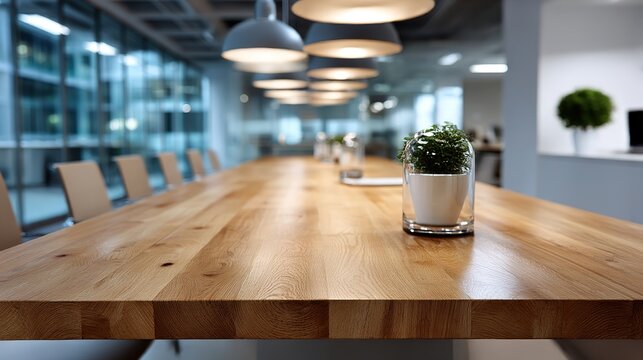 Modern minimalist office meeting table with warm wooden tones, conveying professionalism and simplicity in workspace design.

