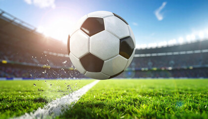 A soccer ball flying through the air at a game at a football field
