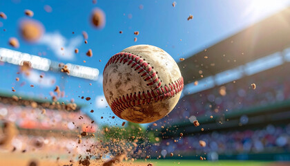A baseball flying fast through the air at a game