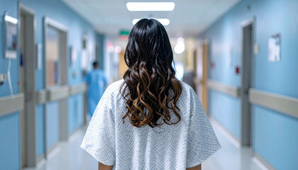 A woman in a hospital ready to do a scan or mammography test in a sterile environment