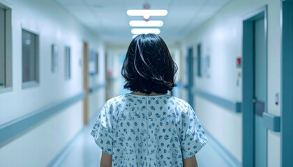 A woman in a hospital ready to do a scan or mammography test in a sterile environment