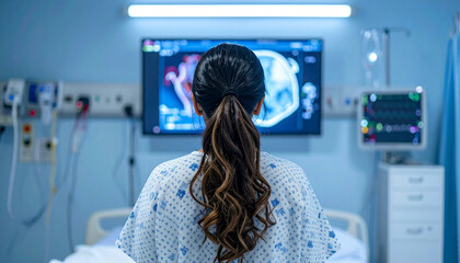 A woman in a hospital ready to do a scan or mammography test in a sterile environment