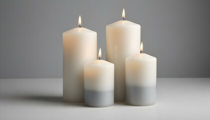 Four white candles are lit, arranged on a white surface, with a gray backdrop adding serenity.
