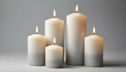 Five lit candles with soft flames create a tranquil scene against a muted, grey background.