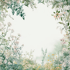 Fototapeta premium Soft watercolor painting of flowers and leaves evokes serenity