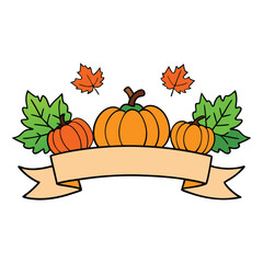 A vibrant autumn banner featuring pumpkins surrounded by colorful falling leaves, capturing the essence of the season with warm hues of orange, yellow, and red.