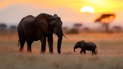 Elephants at Sunset Silhouette in the African Savannah