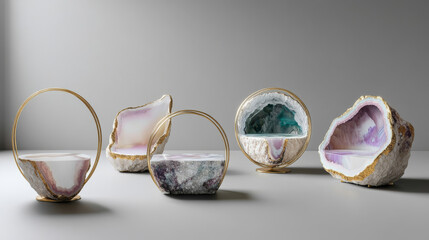 set of five unique furniture pieces made from colorful agate, showcasing natural patterns and textures. These elegant designs add touch of sophistication to any space