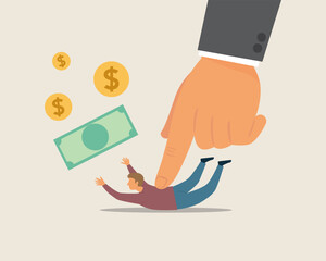 Big hand pressing down on small people. Compare the small and big business concepts. Illustration Vector Cartoon. © Chompoonuth