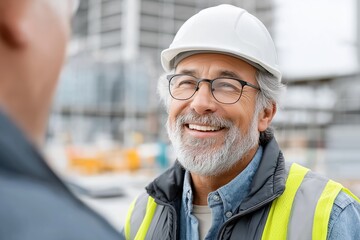 Experienced male construction manager with grey beard and glasses, wearing a hard hat and safety vest, smiling warmly while engaging in conversation on a bustling construction site