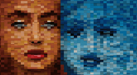 Abstract mosaic portraits showcasing contrasting color palettes and expressions