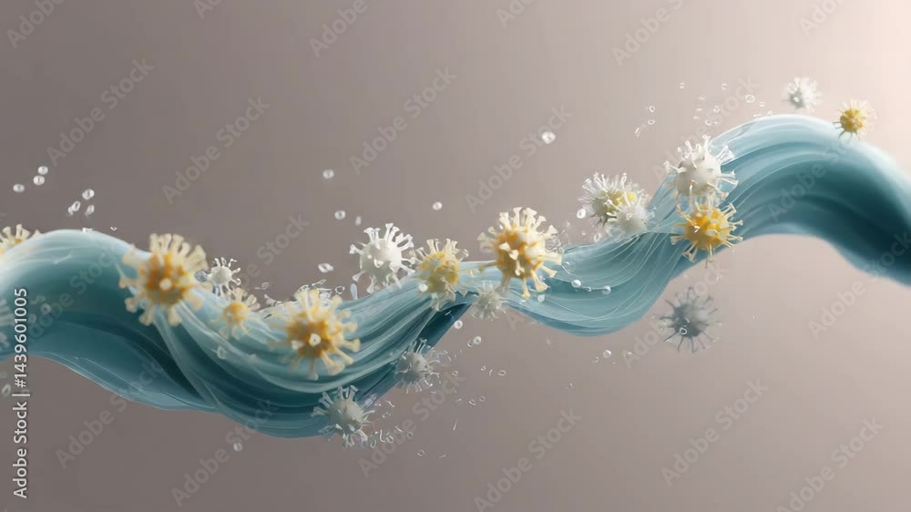 Aufkleber abstract wave with floating virus-like particles on a blue gradient background. virus dynamic shapes