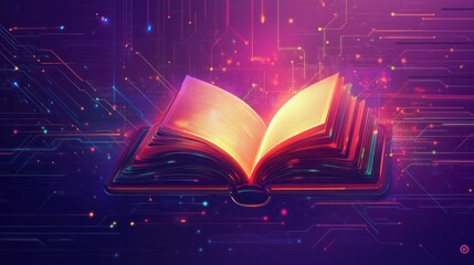Open book glowing on circuit board background, digital art, inspiration
