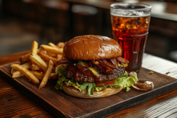 Delicious burger with crispy fries and refreshing on wooden table, creating mouthwatering scene perfect for food lovers