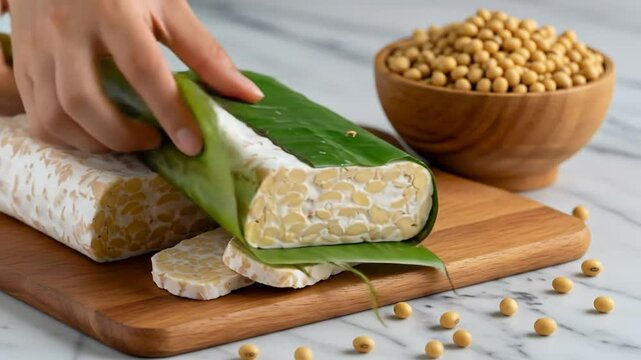 Person Unwrapping Fresh Organic Tempeh Wrapped in Banana Leaf with Soybeans. 4K Video