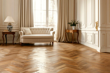 Fototapeta premium Elegant French Interior with Dark Parquet Floor Mockup for Rug or Carpet Design
