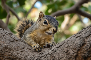 Fototapeta premium curious squirrel perched on tree branch, showcasing its beautiful fur and expressive features in vibrant forest setting. scene captures essence of nature charm and wildlife