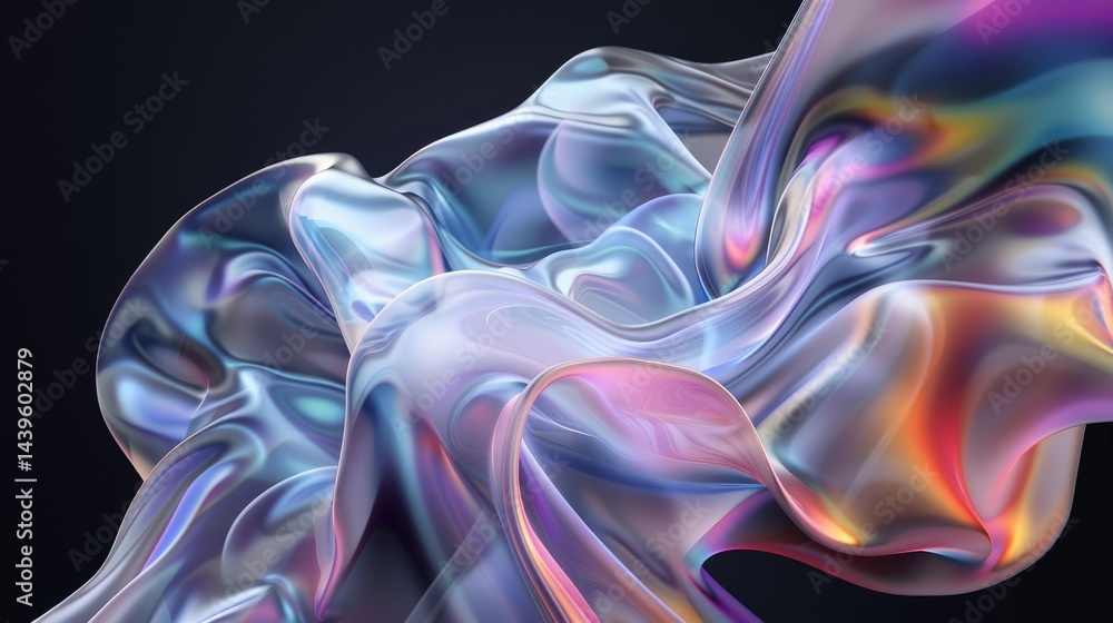 Poster the close up abstract picture of the gradient iridescent shape with the blank black background, irid
