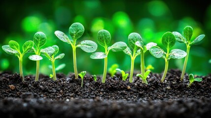Seedlings emerge, soil, and soft greenery backdrop