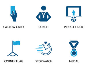 Soccer Match Icons. Yellow Card, Coach, Penalty Kick, Corner Flag, Stopwatch and Medal