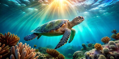 Fototapeta premium Majestic Sea Turtle Gracefully Navigating a Vibrant Underwater Coral Reef Ecosystem Bathed in Sunlight
