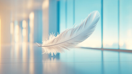delicate white feather floats gracefully against serene backdrop, evoking sense of tranquility and lightness in modern, airy space
