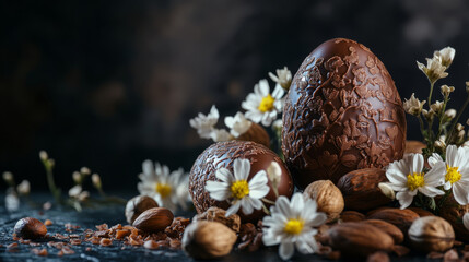 Delightful chocolate eggs adorned with intricate designs, surrounded by fresh flowers and nuts, create charming Easter scene that evokes joy and celebration