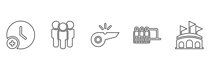 Minimalist Football Icons Set: Extra Time, Team, Whistle, Bench, Stadium | Sports Vector Design
