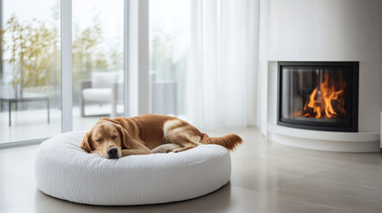 cute golden retriever dog sleeping on cozy round bed near fireplace, creating warm and peaceful atmosphere in modern living room