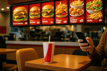 A vibrant, close-up shot of a modern fast-food restaurant with a clear view of the menu board showcasing colorful food items.